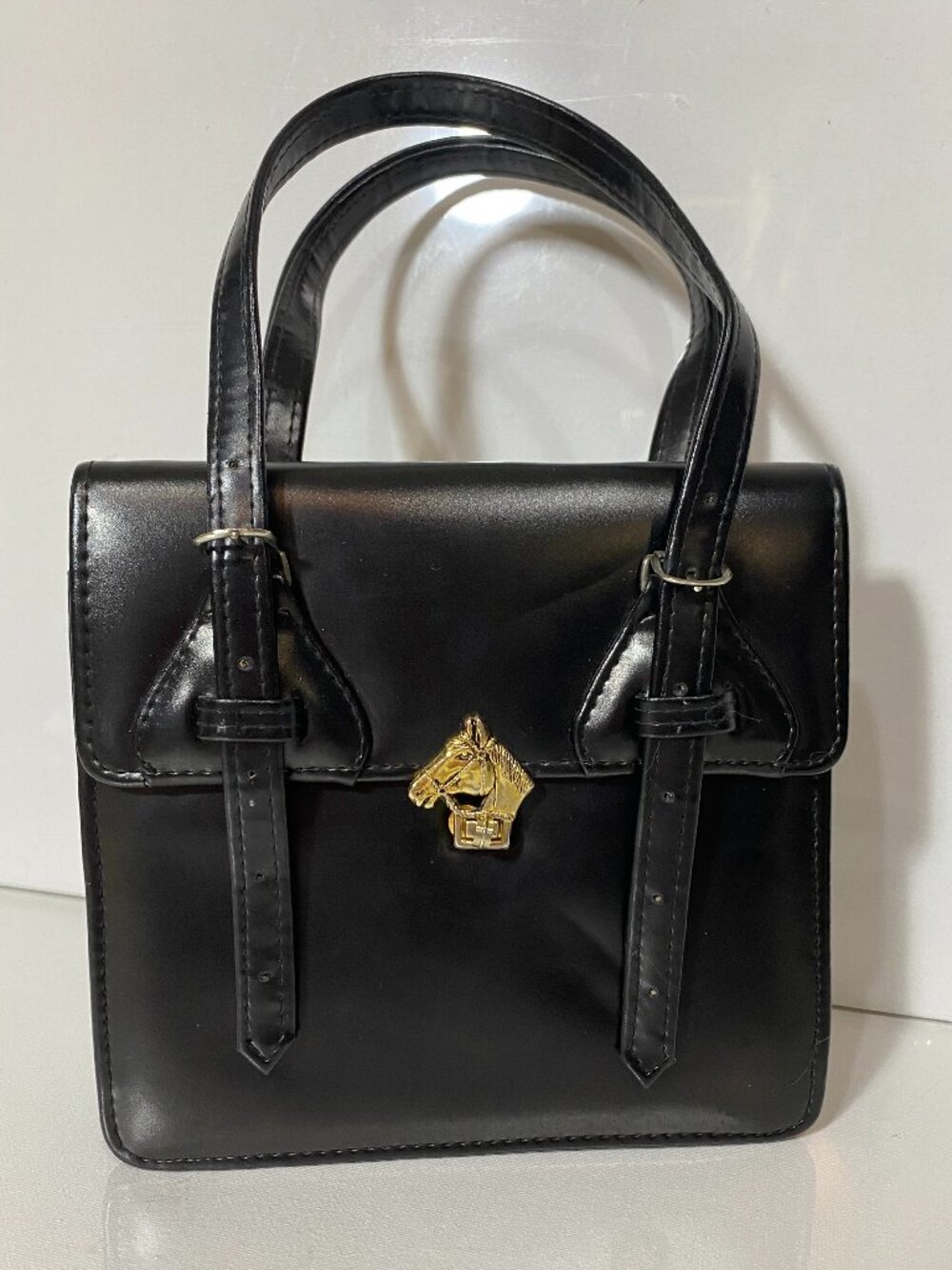 VINTAGE Black Horse Head Top Handle Handbag Structured Equestrian Purse 7"